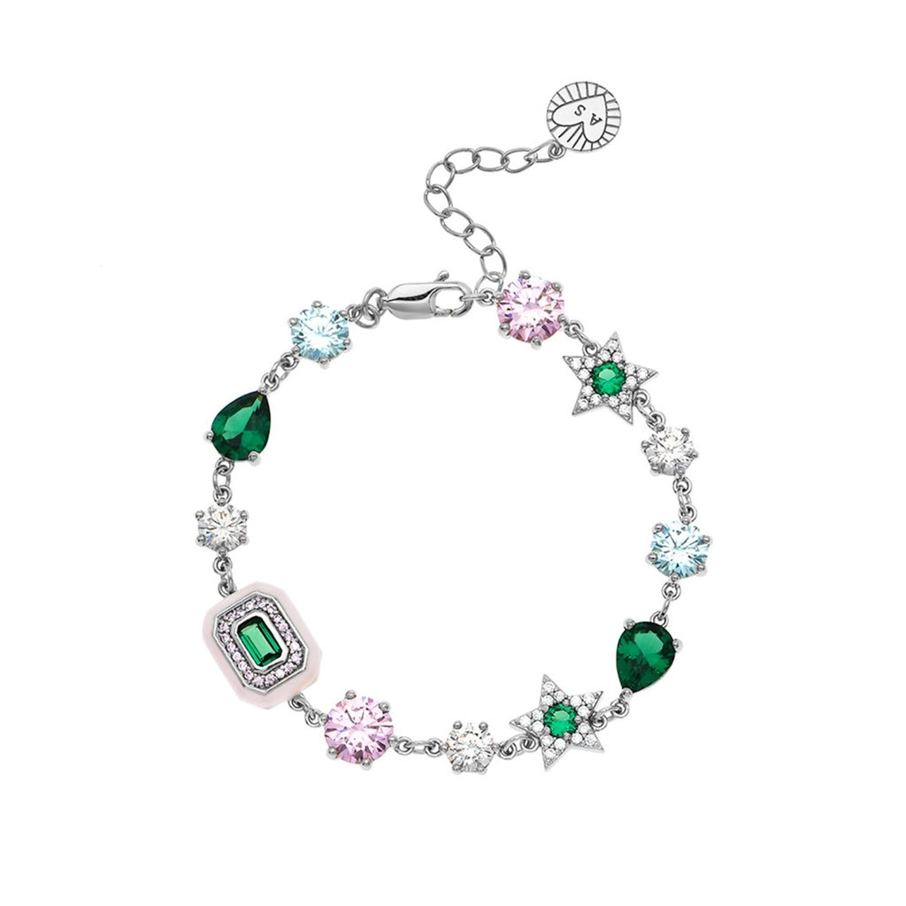 Celeste Cluster Bracelet Blush Pink Enamel Emerald Green Silver