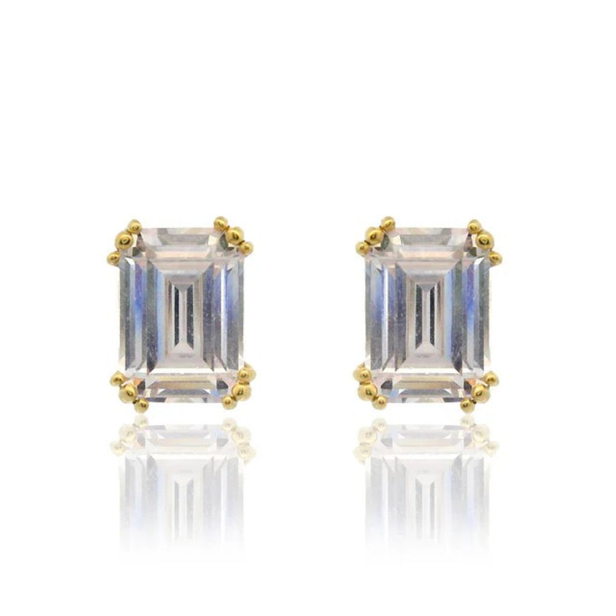 Georgini Elegant Essentials 7mm Emerald Cut Hidden Halo Gold Stud Earrings. Item code IE1211G.