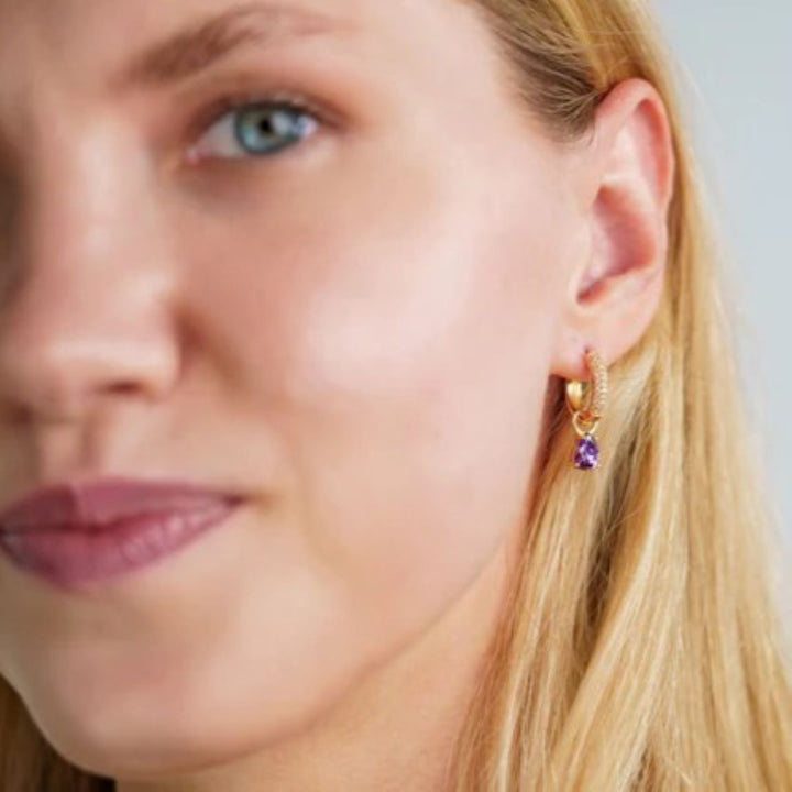 Georgini Wisteria Duo Pear Amethyst and Zirconia Gold Earrings. Item code IE1216GA.