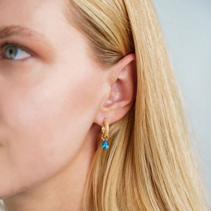 Georgini Wisteria Duo Pear Blue Topaz and Zirconia Gold Earrings. Item code IE1216GB.