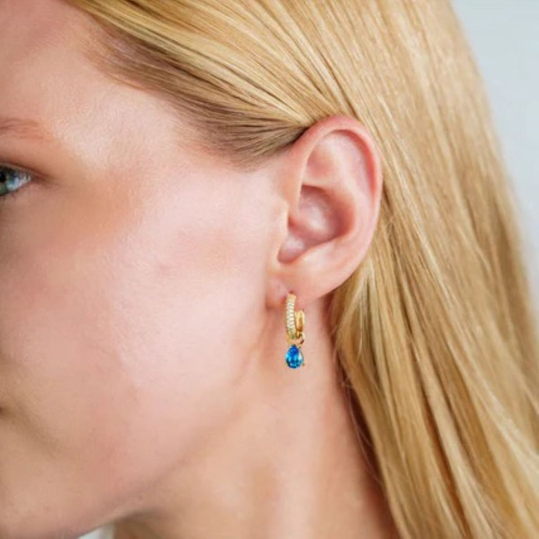 Georgini Wisteria Duo Pear Blue Topaz and Zirconia Gold Earrings. Item code IE1216GB.