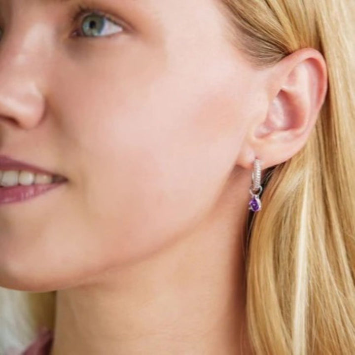 Georgini Wisteria Duo Pear Amethyst and Zirconia Silver Earrings. Item code IE1216WA.