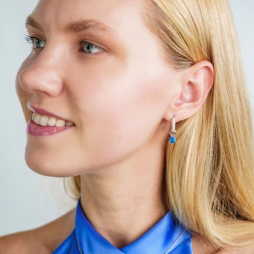 Georgini Wisteria Duo Pear Blue Topaz and Zirconia Silver Earrings. Item code IE1216WB.