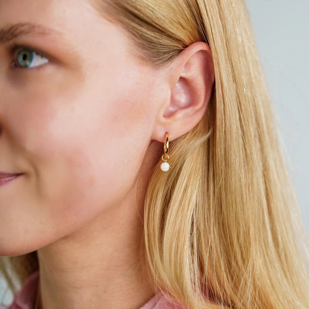 Georgini Wisteria Created Opal Dangle Hoop Gold Earrings. Item code IE1229G.