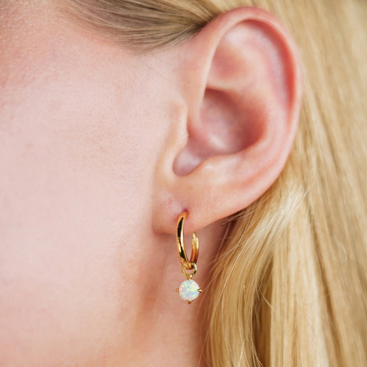 Georgini Wisteria Created Opal Dangle Hoop Gold Earrings. Item code IE1229G.