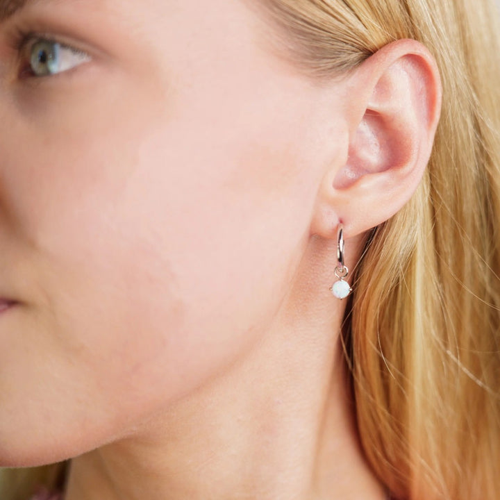 Georgini Wisteria Created Opal Dangle Hoop Silver Earrings. Item code IE1229W.