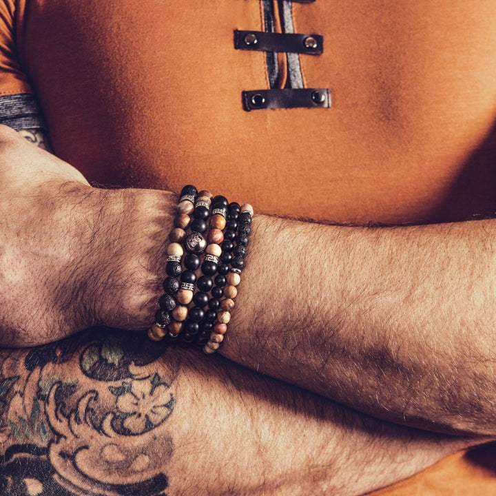 Niche Jewellery Ikoba Fossilised Wood and Matte Black Agate 8mm Bracelet detail
