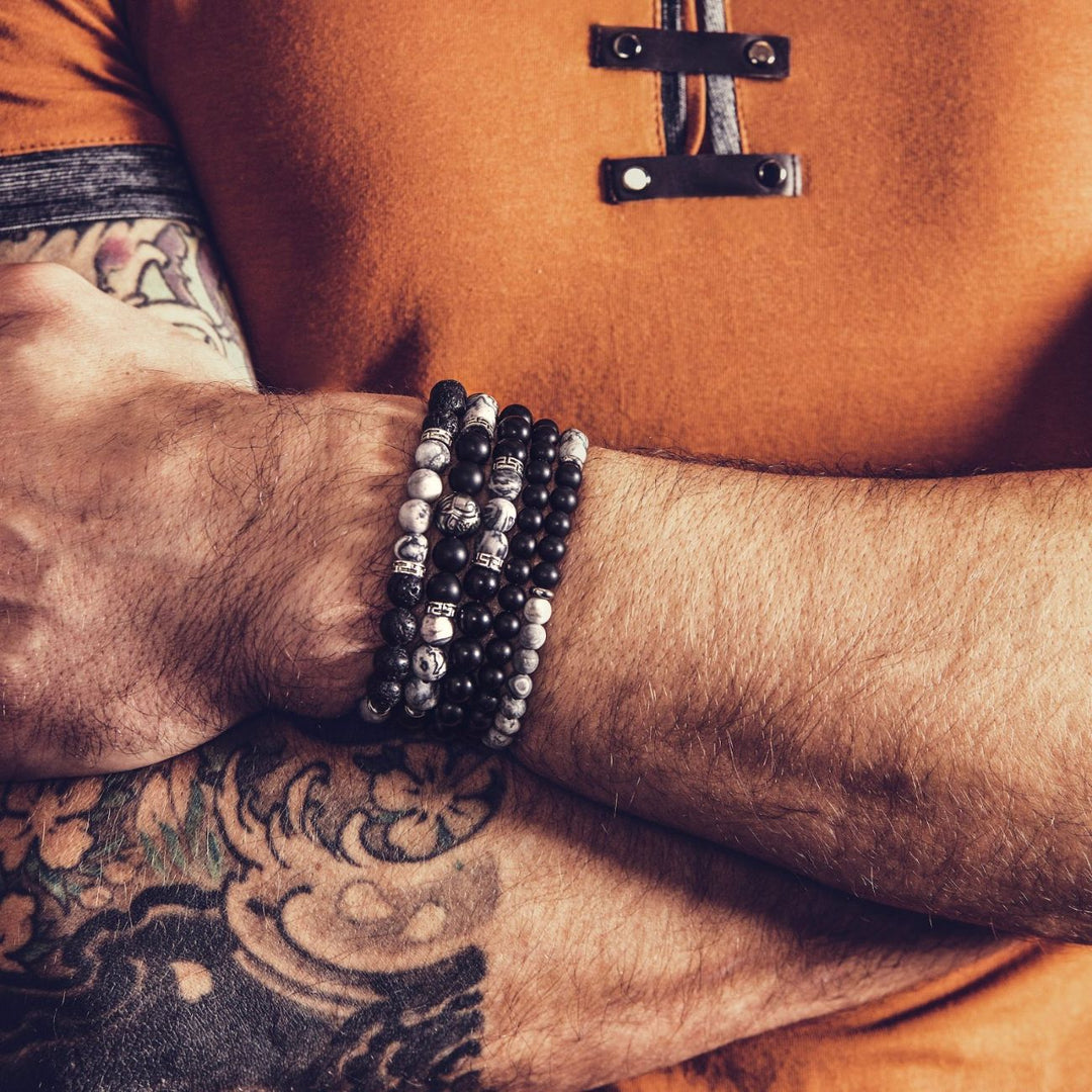 Niche Jewellery Ikoba Grey Landscape Jasper and Matte Black Agate 8mm Bracelet detail