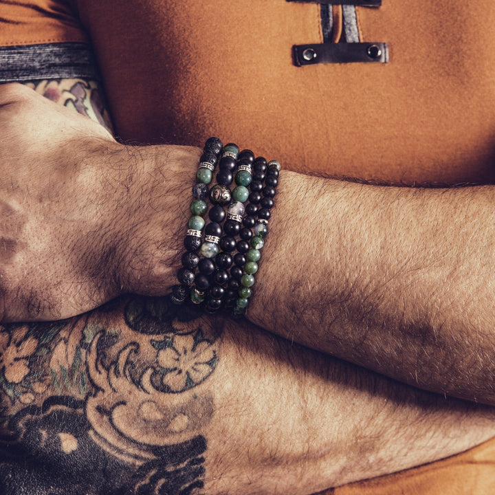 Niche Jewellery Ikoba Moss Agate and Matte Black Agate 6mm Bracelet detail