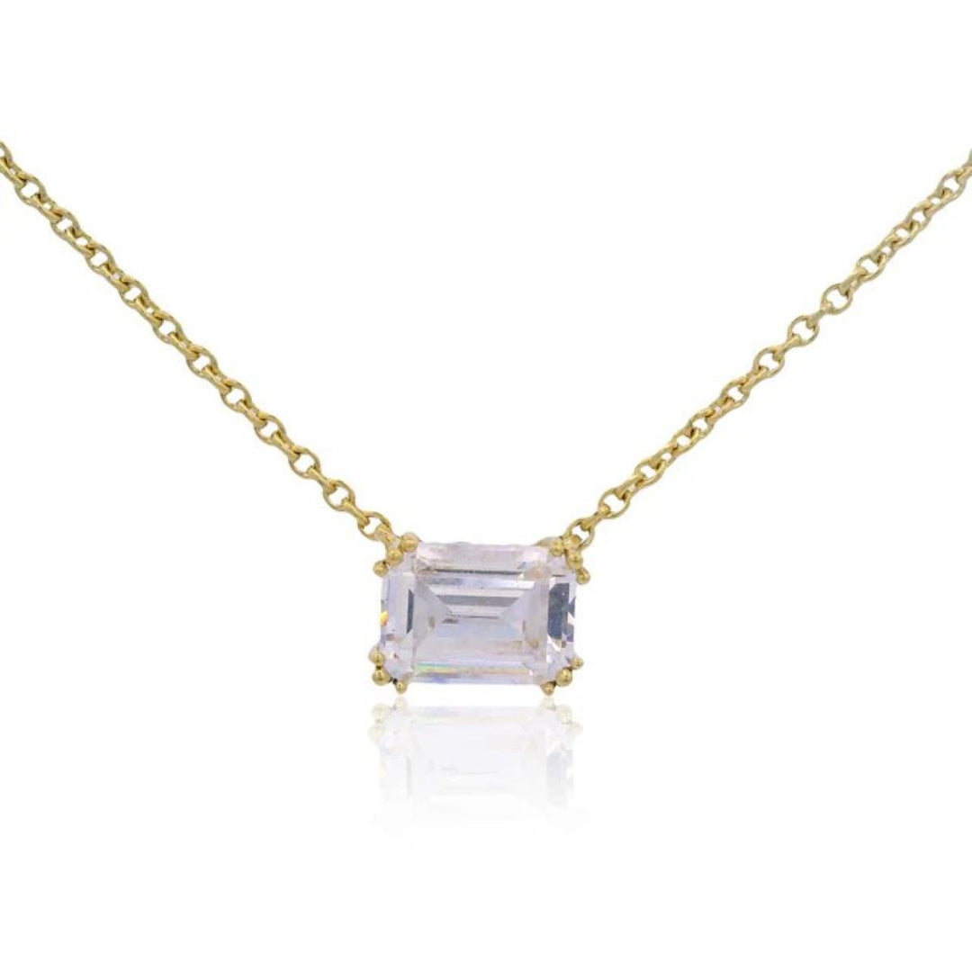 Georgini Elegant Essentials 7mm Emerald Cut Hidden Halo Gold Pendant Necklace. Item code IP1211G.
