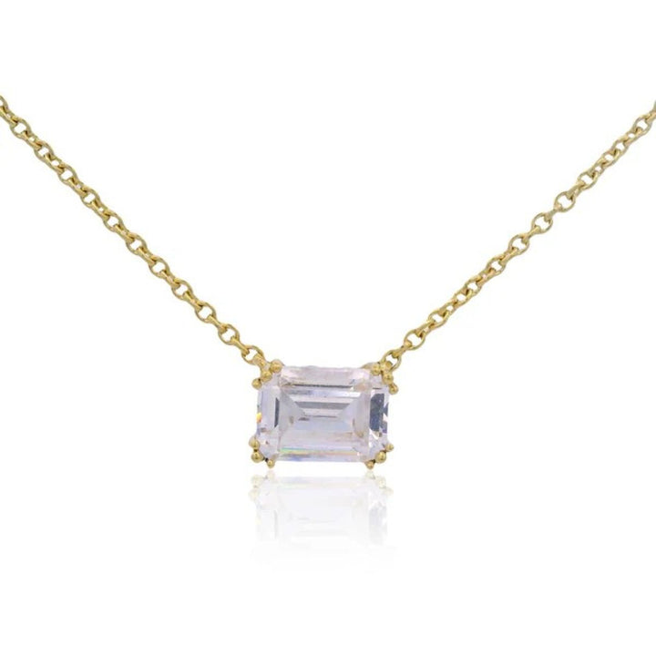 Georgini Elegant Essentials 7mm Emerald Cut Hidden Halo Gold Pendant Necklace. Item code IP1211G.