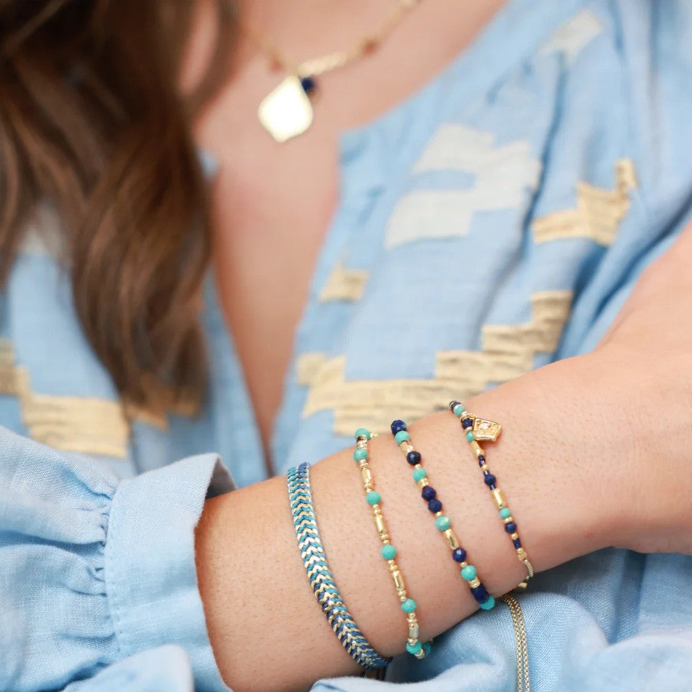 Boho Betty Iztac Blue Ombre Gold Woven Slider Bracelet