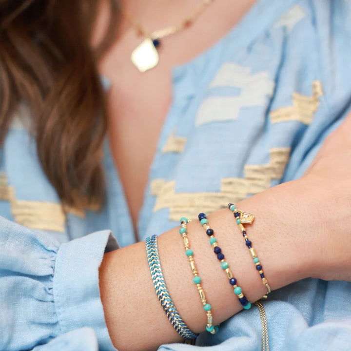 Boho Betty Iztac Blue Ombre Gold Woven Slider Bracelet