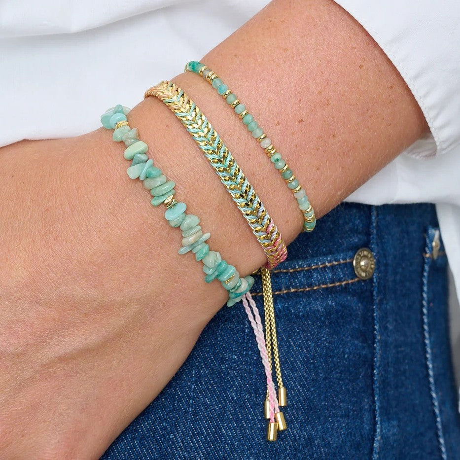 Boho Betty Iztac Candy Ombre Gold Woven Slider Bracelet. Item code BRIZCAGLD.