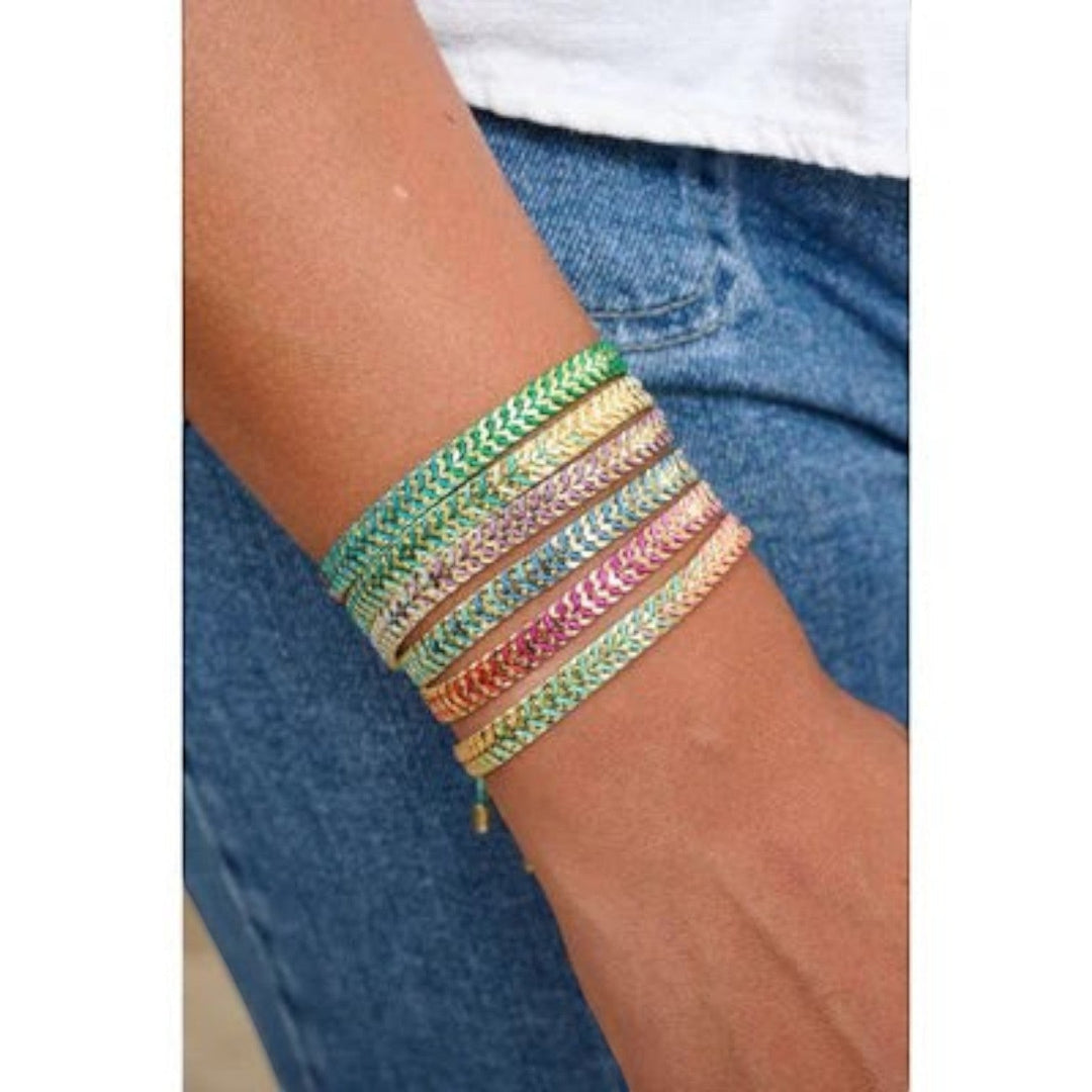 Niche Jewellery Boho Betty Iztac Turquoise Ombré Gold Woven Bracelet with chevron beads. Adjustable, stackable.