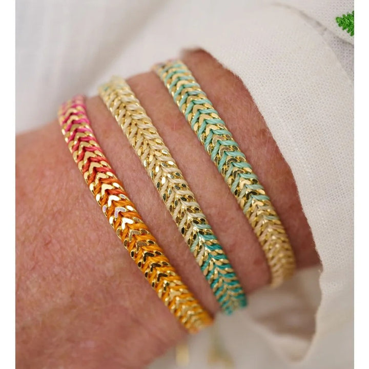 Boho Betty Iztac Candy Ombre Gold Woven Slider Bracelet. Item code BRIZCAGLD.