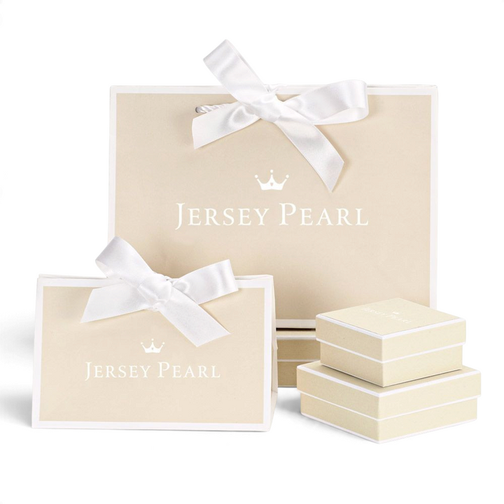 Niche Jewellery branded Jersey Pearl gift bags and boxes with white ribbon bows for luxury jewellery packaging