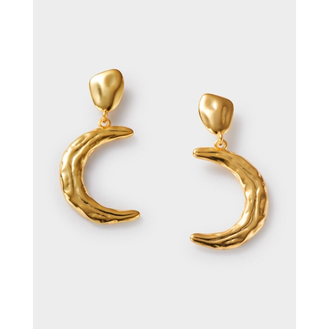 Katie Loxton Solesi Moon gold crescent moon earrings with textured finish. Waterproof and sweat-proof.