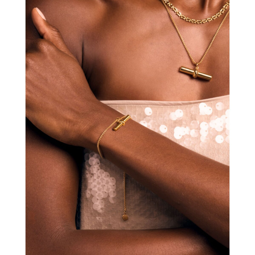 Katie Loxton Themis Waterproof Gold T-Bar Bracelet. Item code KLJ6457.