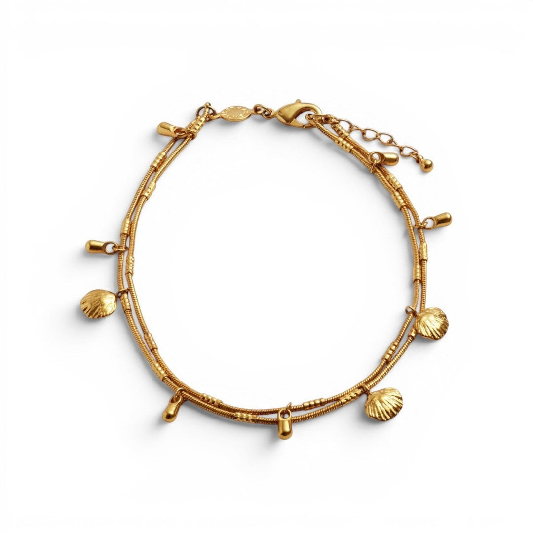 Niche Jewellery Katie Loxton Cochellia gold anklet with shell charms and bead details. Waterproof.