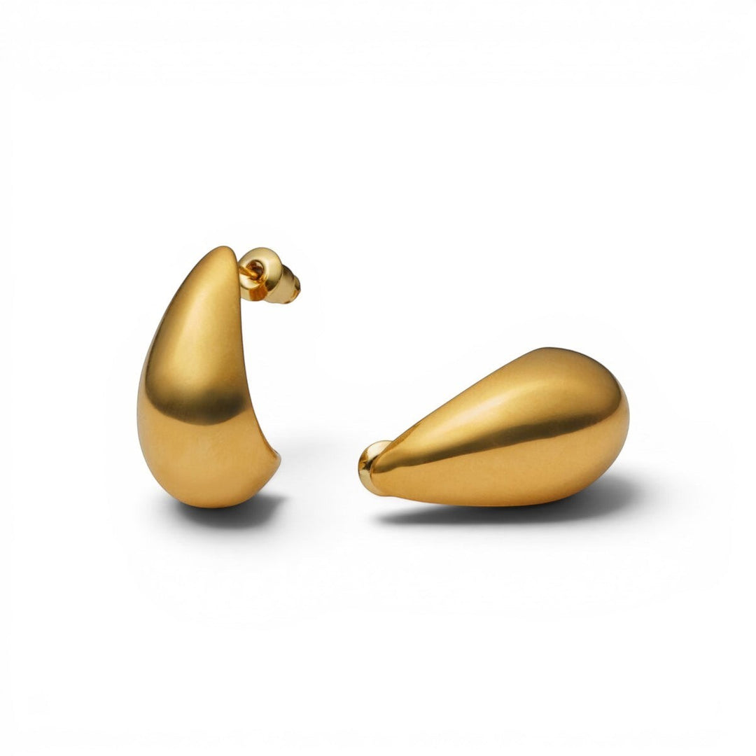 Niche Jewellery: Katie Loxton Aura waterproof gold teardrop hoop earrings with 18K gold PVD coating.