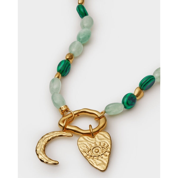 Niche Jewellery Katie Loxton Palma Solesi gold bracelet with green beads, crescent moon and evil eye charms. Waterproof.
