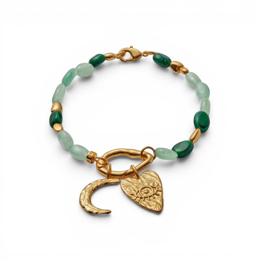 Niche Jewellery Katie Loxton Palma Solesi gold bracelet with green beads, crescent moon and evil eye charms. Waterproof.