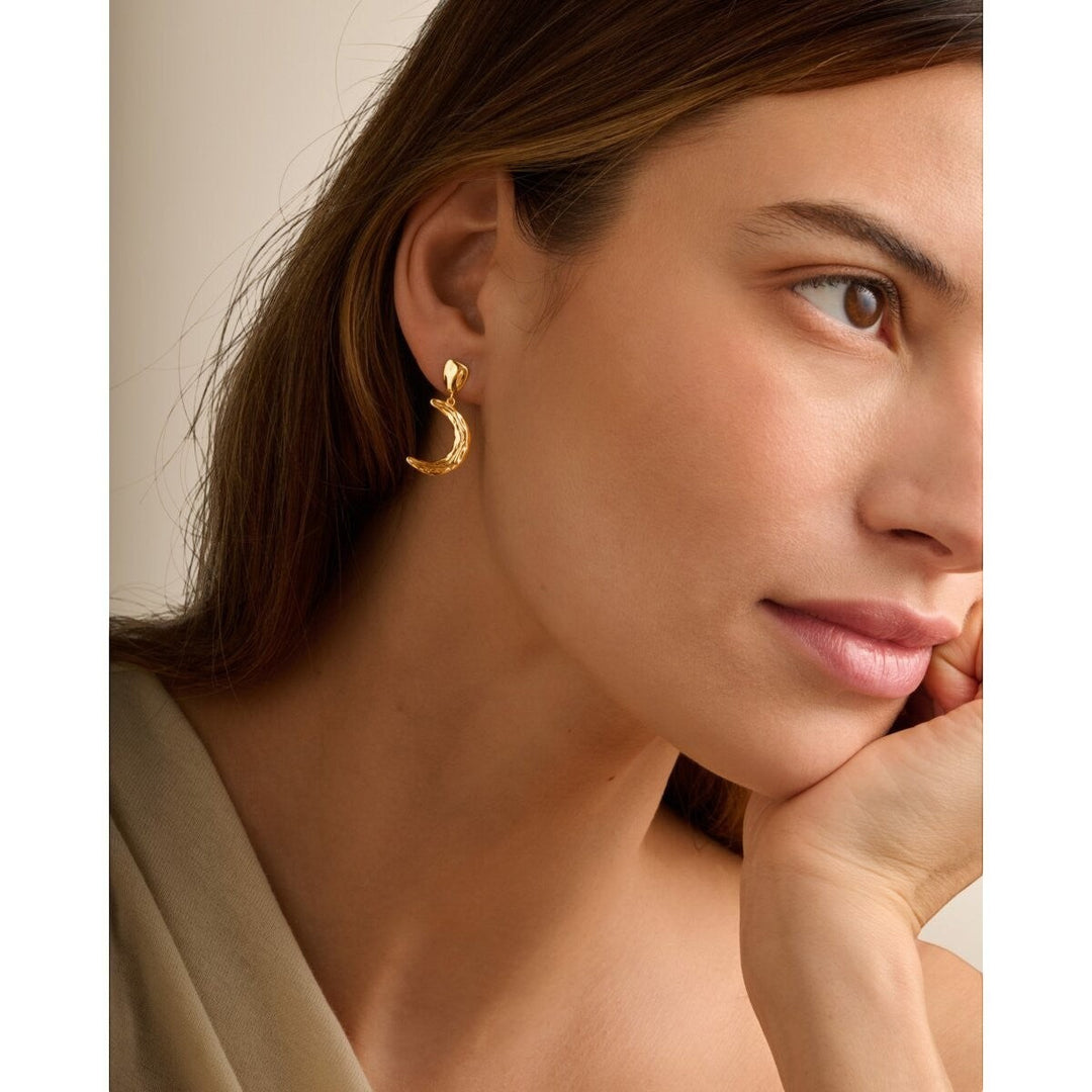 Niche Jewellery: Katie Loxton Solesi Moon waterproof gold crescent moon earrings with textured finish.