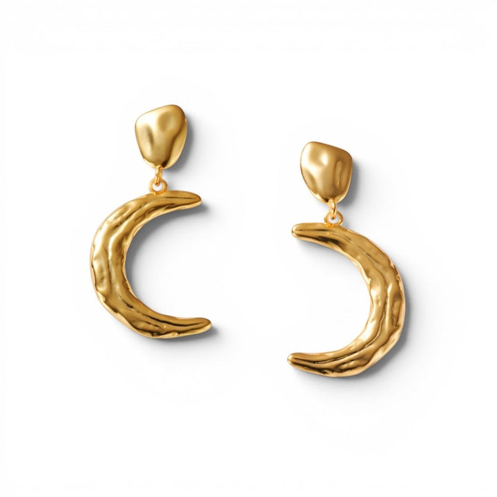 Niche Jewellery: Katie Loxton Solesi Moon waterproof gold crescent moon earrings with textured finish.