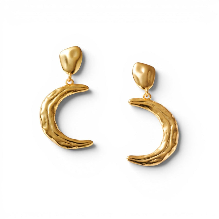 Niche Jewellery: Katie Loxton Solesi Moon waterproof gold crescent moon earrings with textured finish.