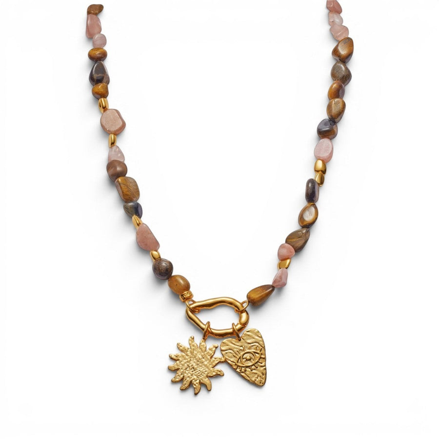 Niche Jewellery: Katie Loxton Sunset Solesi necklace with gold PVD coating, tiger's eye and rose quartz beads, and sun and eye charms.