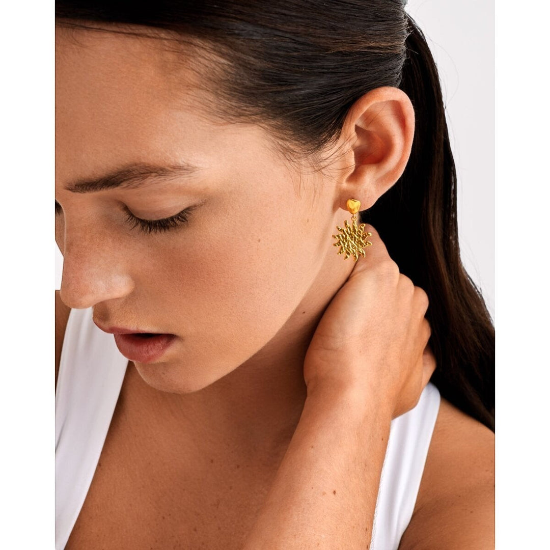 Niche Jewellery: Katie Loxton Solesi Sun Waterproof Gold Earrings featuring a textured sun charm with 18K Gold PVD coating.