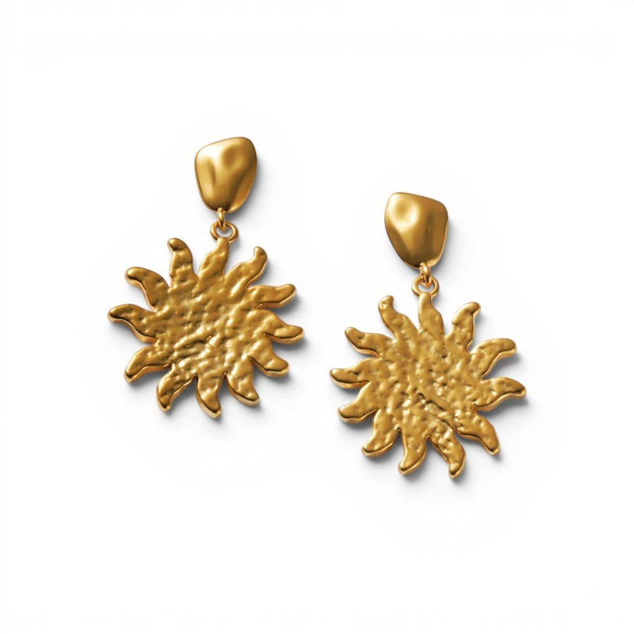 Niche Jewellery: Katie Loxton Solesi Sun Waterproof Gold Earrings featuring a textured sun charm with 18K Gold PVD coating.