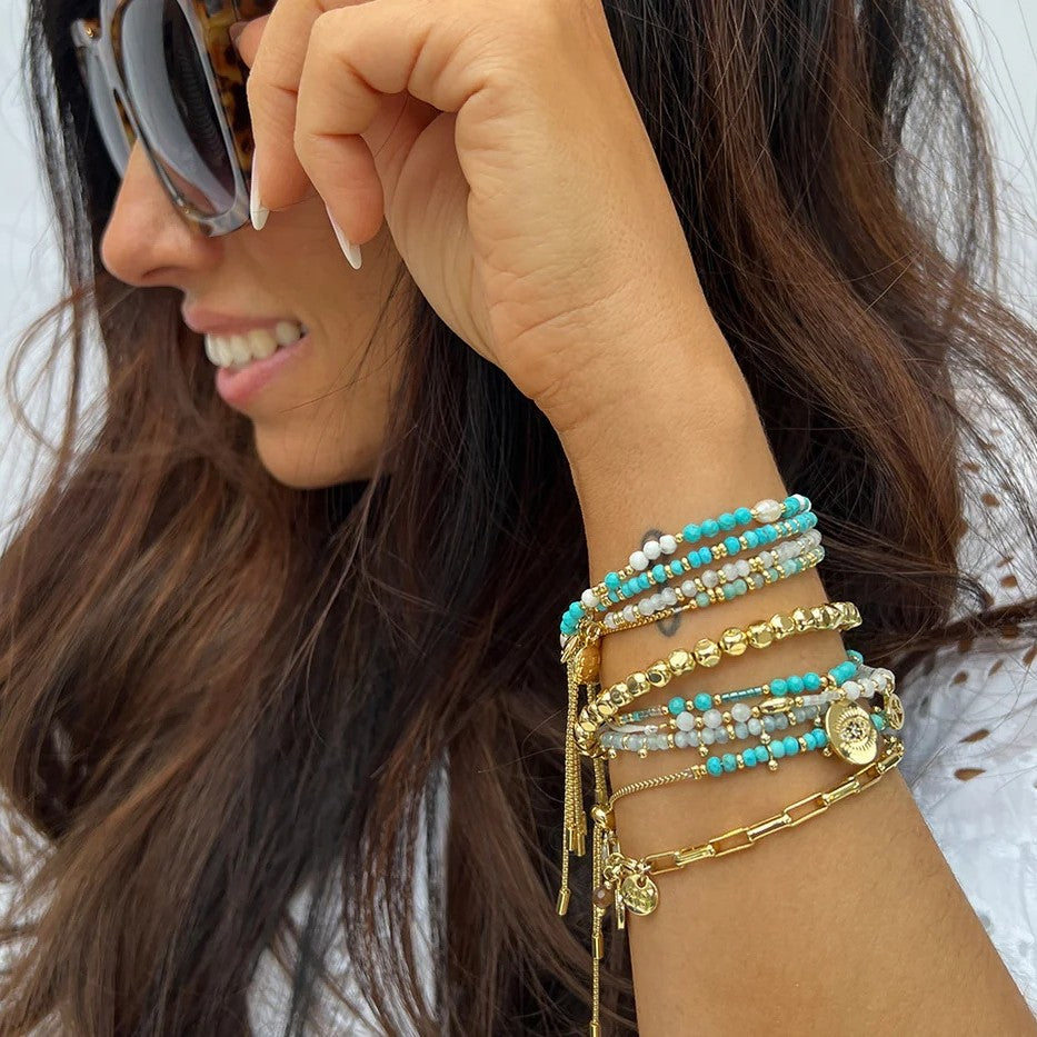 Boho Betty Mystical Turquoise Gold Slider Bracelet. Item code BRWMTQGDVB.