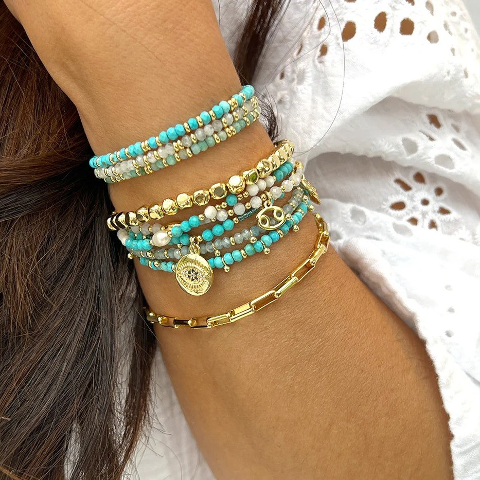 Boho Betty Mystical Turquoise Gold Slider Bracelet. Item code BRWMTQGDVB.