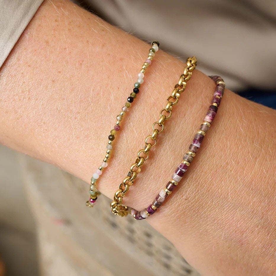 Boho Betty Lilias Gold and Tourmaline Stretch Bead Bracelet. Item code BRLITOUGLD.