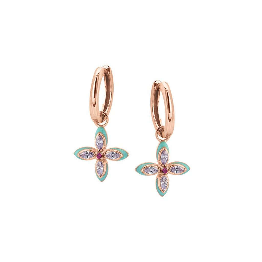 Lucky Clover Rose Gold Hoop Earrings Turquoise Enamel Lilac