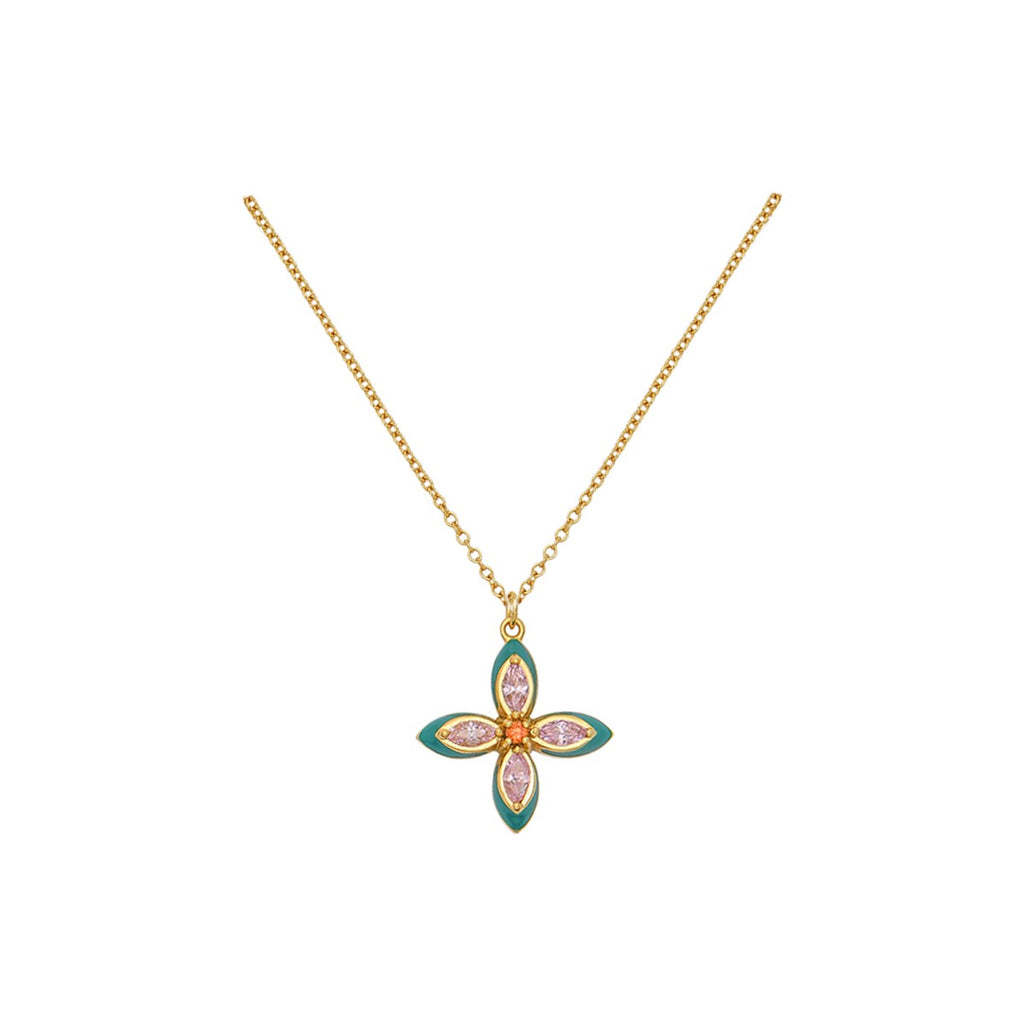 Lucky Clover Gold Pendant Necklace Green Enamel Blush Pink