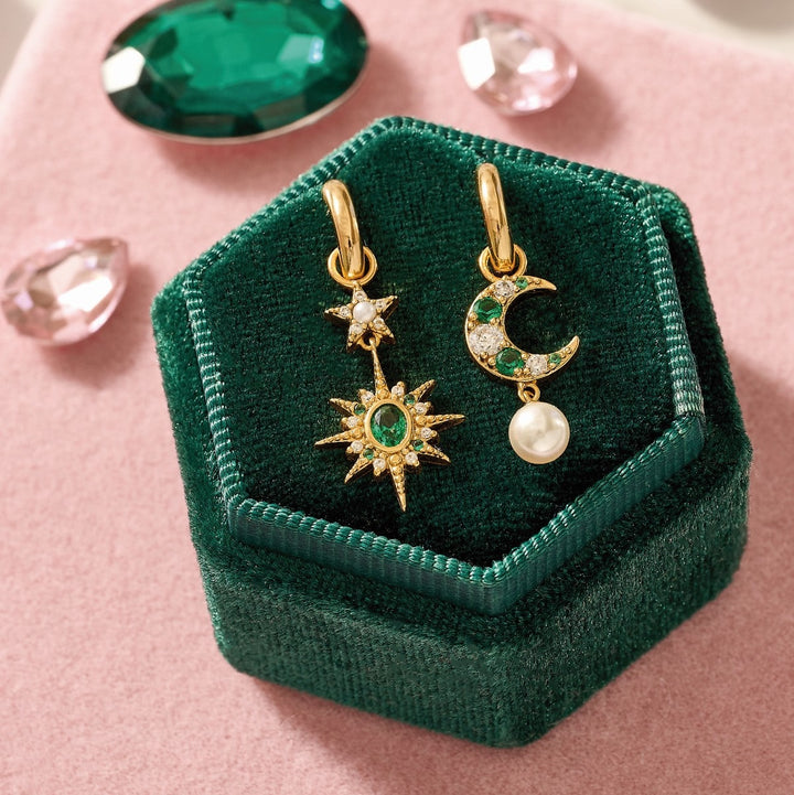 Amelia Scott Luna Mismatch Moon and Star Huggie Earrings in Emerald Zirconia Gold