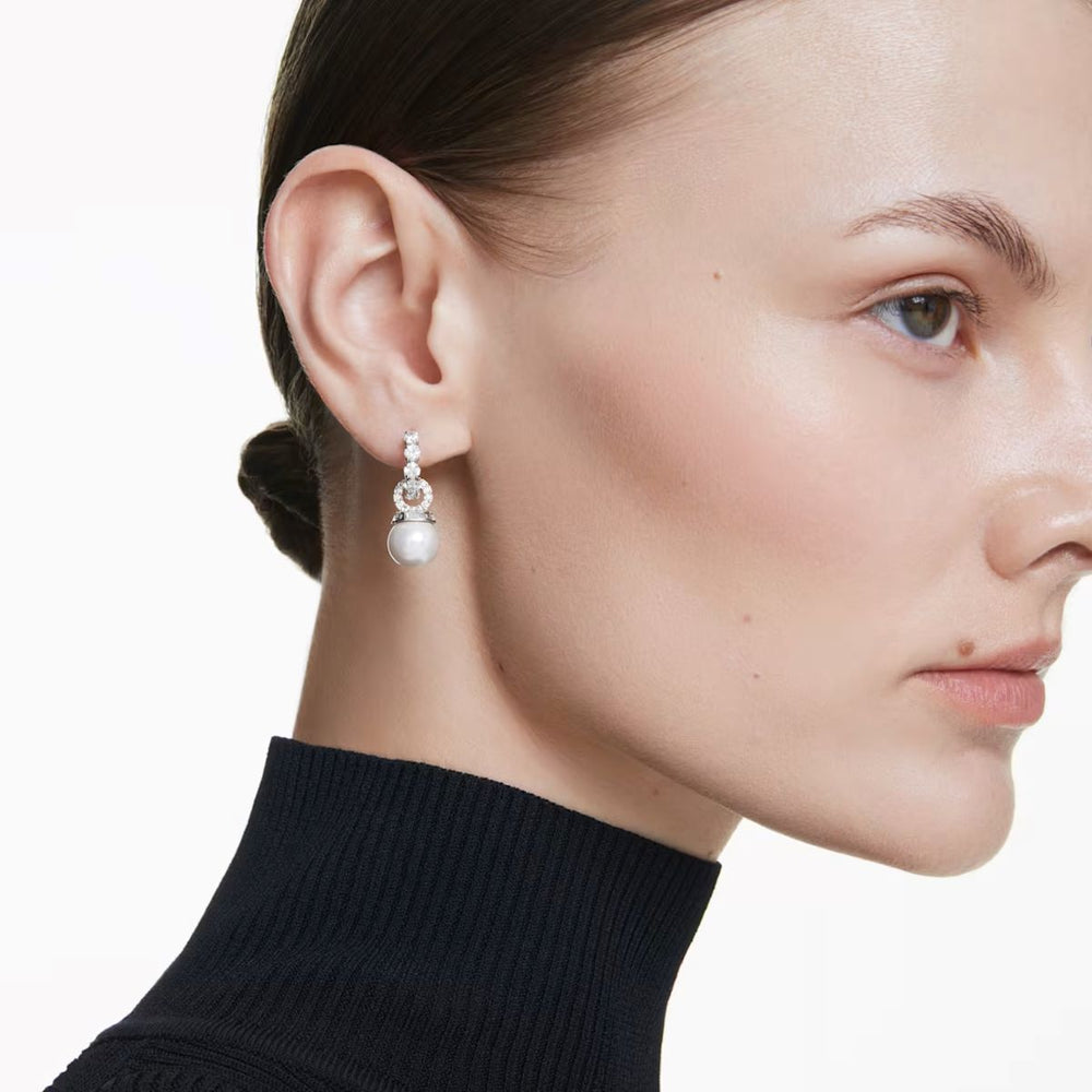 Swarovski Matrix Crystal Pearl Drop Earrings - White with Rhodium Plating - 5691716
