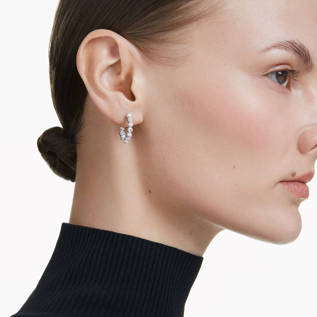 Swarovski Matrix Crystal Pearl Drop Earrings - White with Rhodium Plating - 5709256