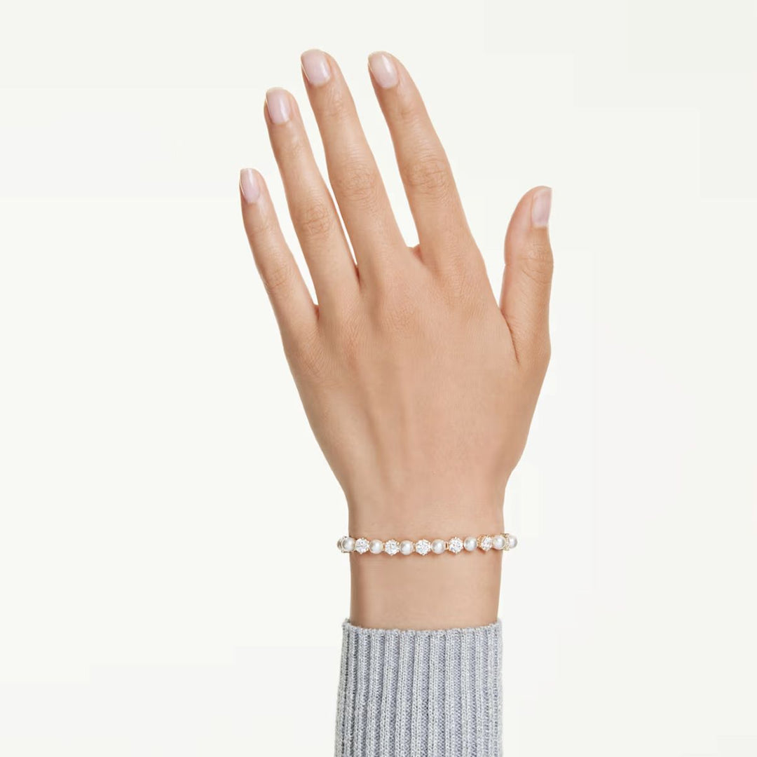 Swarovski Matrix Tennis Bracelet Crystal Pearl Round Cut - White with Gold Tone Plating - 5742026
