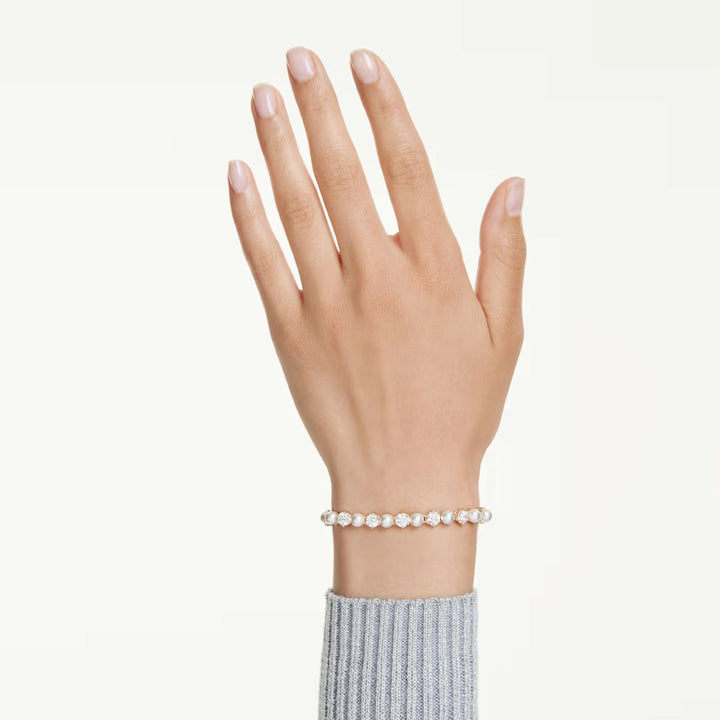Swarovski Matrix Tennis Bracelet Crystal Pearl Round Cut - White with Gold Tone Plating - 5742026