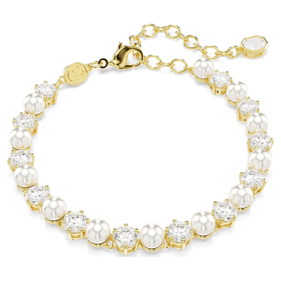 Swarovski Matrix Tennis Bracelet Crystal Pearl Round Cut - White with Gold Tone Plating - 5742026