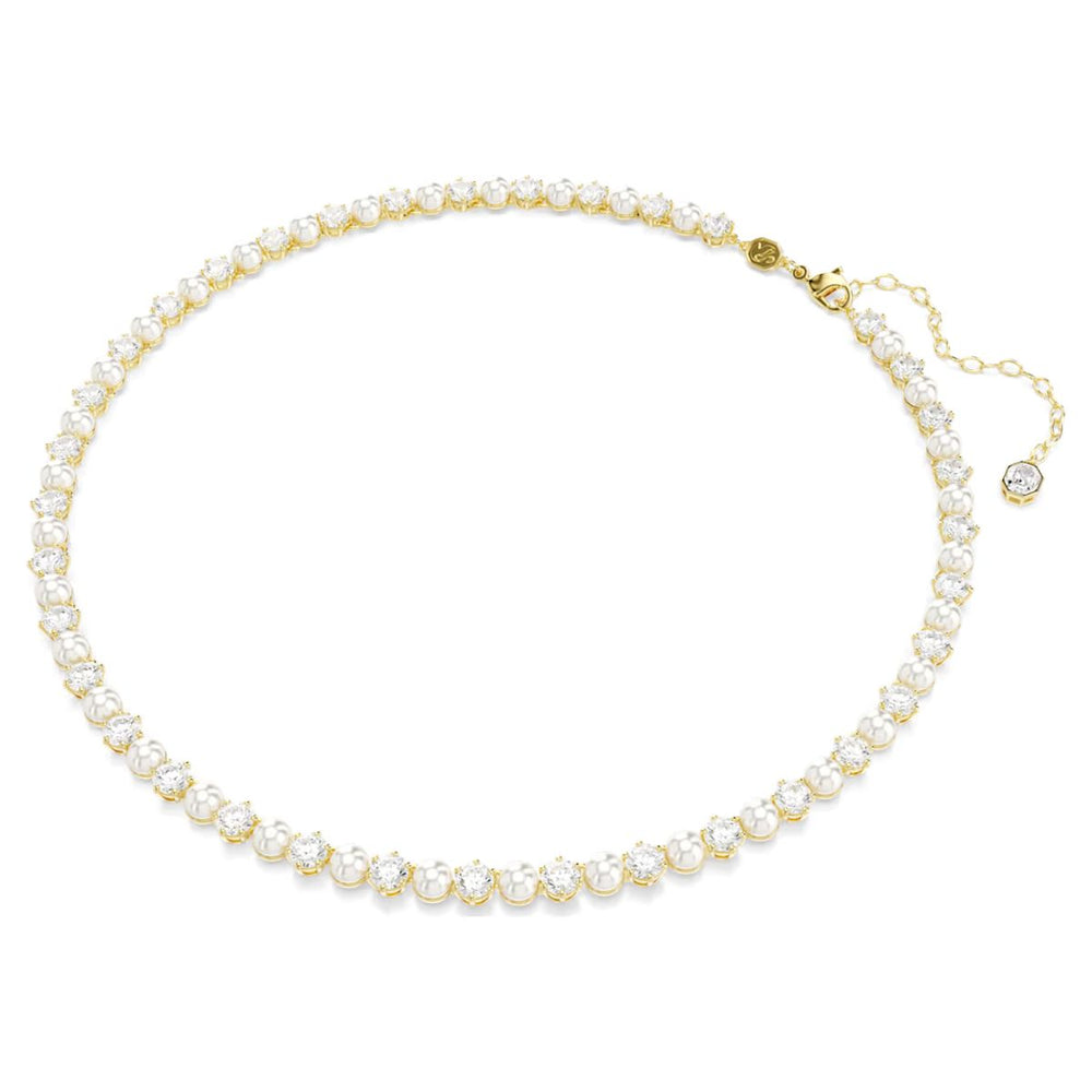 Swarovski Matrix Tennis Necklace Crystal Pearl Round Cut - White with Gold Tone Plating - 5742039