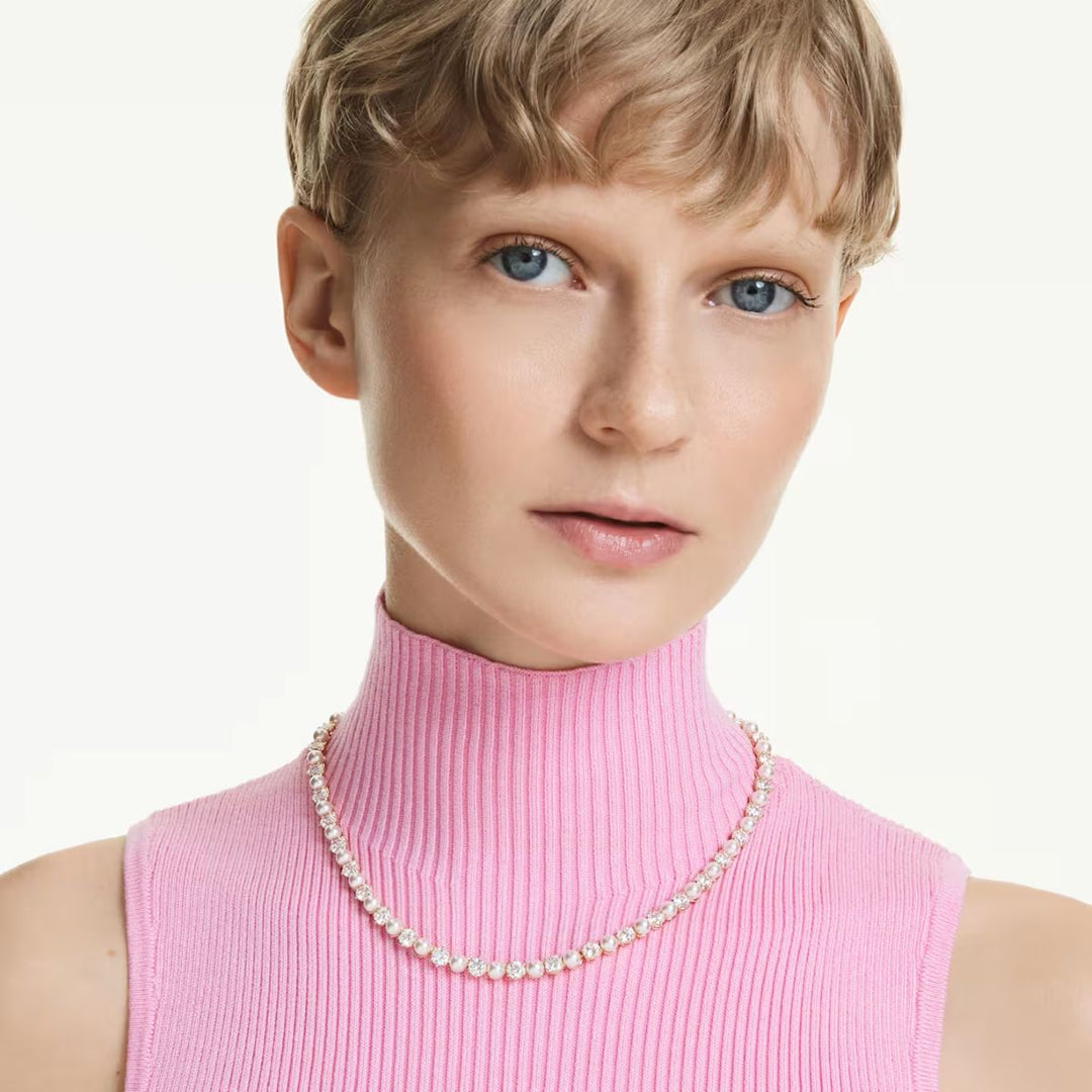 Swarovski Matrix Tennis Necklace Crystal Pearl Round Cut - White with Gold Tone Plating - 5742039
