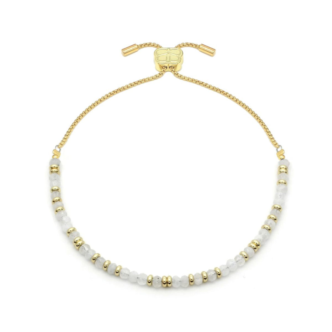 Boho Betty Mystical Rainbow Moonstone Gold Slider Bracelet. Item code BRWMRMGDVB.