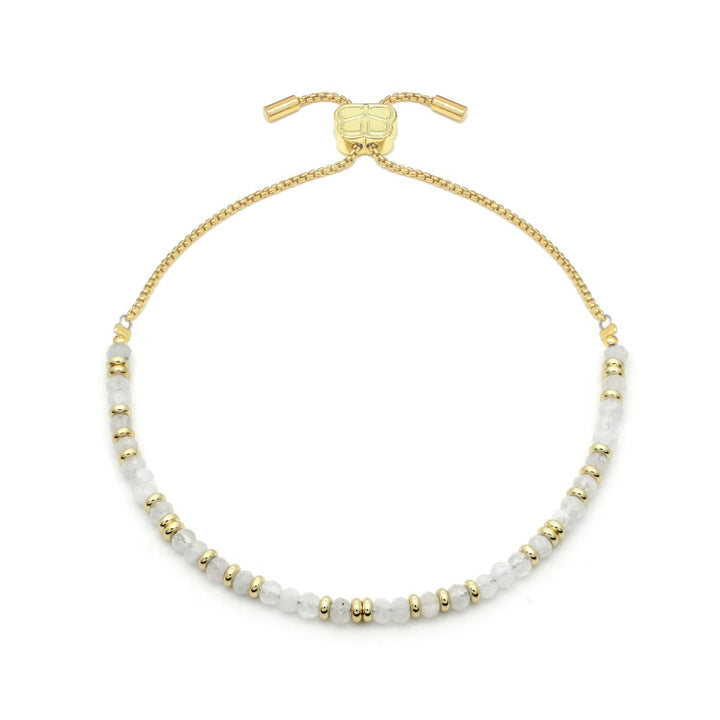 Boho Betty Mystical Rainbow Moonstone Gold Slider Bracelet. Item code BRWMRMGDVB.