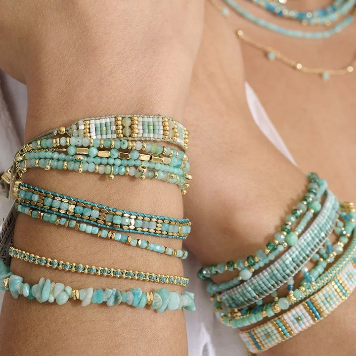 Boho Betty Mystical Amazonite Gold Slider Bracelet. Item code BRWMAMGDVB.