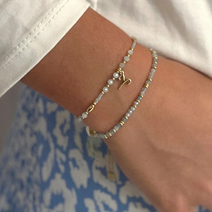 Boho Betty Mystical Aquamarine Gold Slider Bracelet. Item code BWMAQGDVB.